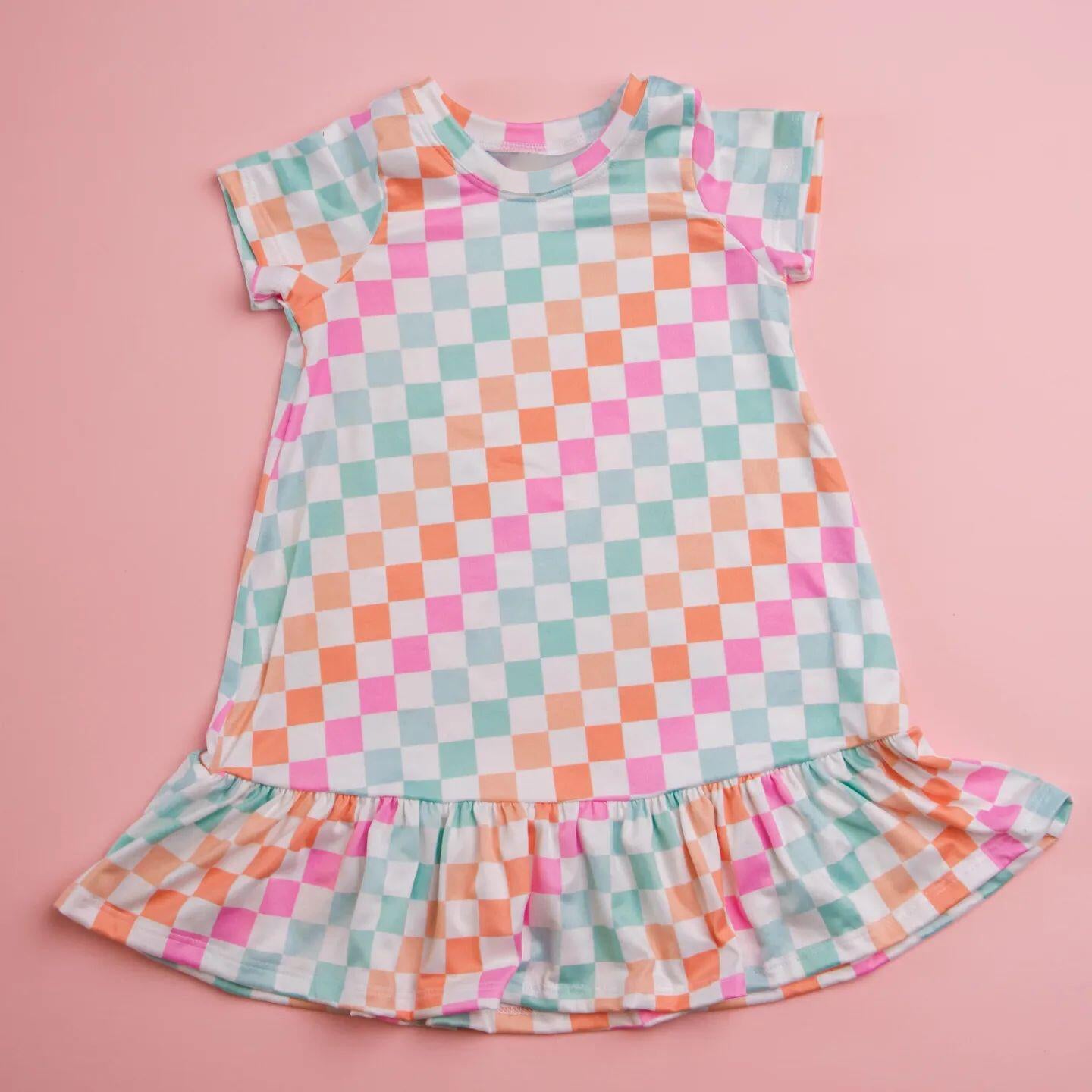 GSD0401 Pink Blue Plaid Girls Short Sleeve Dresses