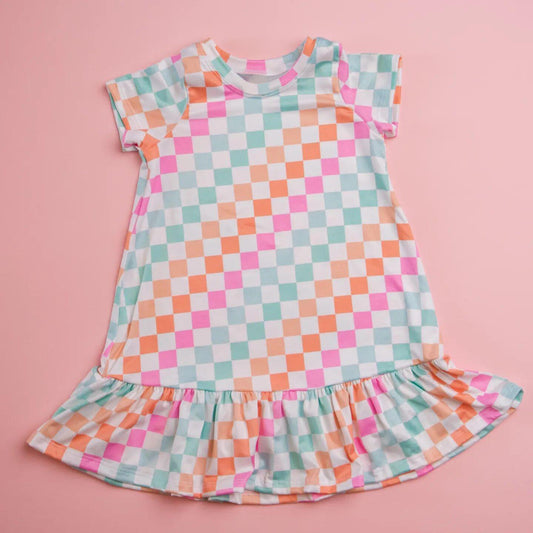 GSD0401 Pink Blue Plaid Girls Short Sleeve Dresses