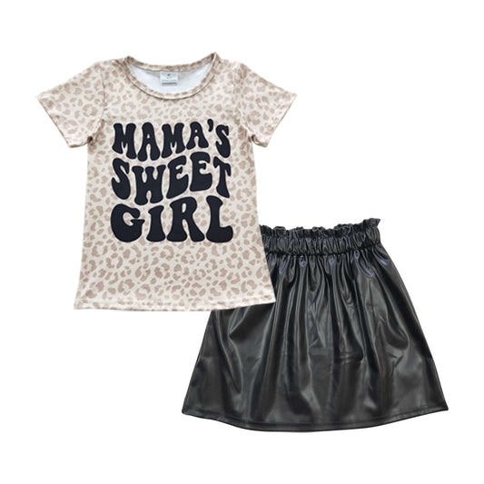 GSD0414  2pcs Mama's Sweet Girl GLK0013 Black leather Skirt Dresses Girls Short Sleeve Shorts Outfits