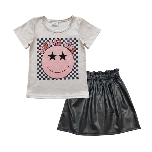 GSD0415  2pcs Mamas Girl Smile GLK0013 Black leather Skirt Dresses Girls Short Sleeve Shorts Outfits