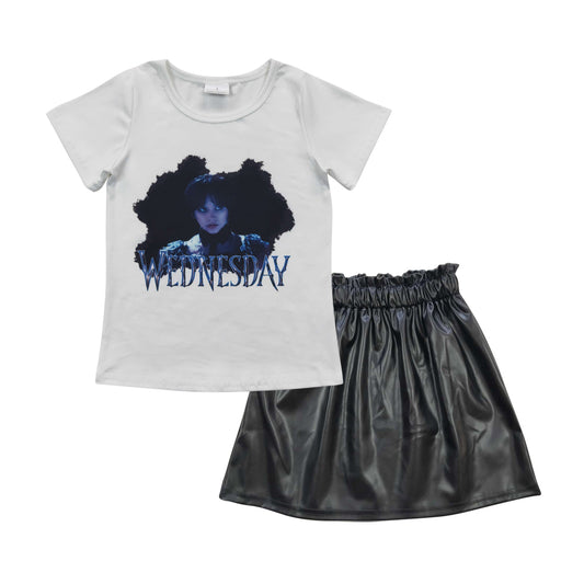 GSD0416  2pcs Wed GLK0013 Black leather Skirt Dresses Girls Short Sleeve Shorts Outfits