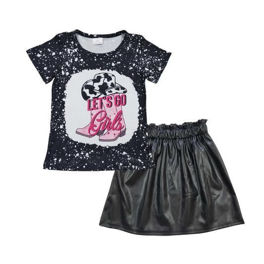 GSD0417  2pcs Let's Go Pink Boots Cowboy GLK0013 Black leather Skirt Dresses Girls Short Sleeve Shorts Outfits