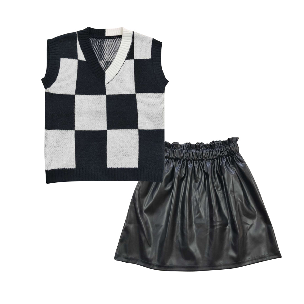 GSD0419  2pcs Black Plaid Sweater GLK0013 Black leather Skirt Dresses Girls Short Sleeve Shorts Outfits