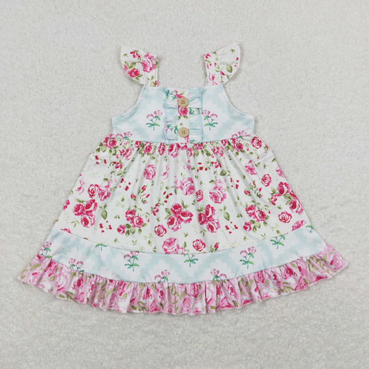 GSD0498 Blue Pink Flower Pocket Ruffle Fly Sleeve Dress Boutique Girls Outfits 202404 RTS