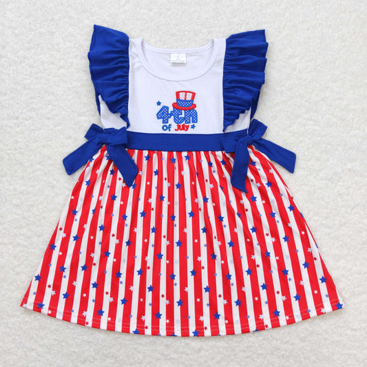 GSD0674  Embroidered 4th of July Blue Bows Ruffle Sleeveless Dress Girls Boutique Clothes  202404 RTS