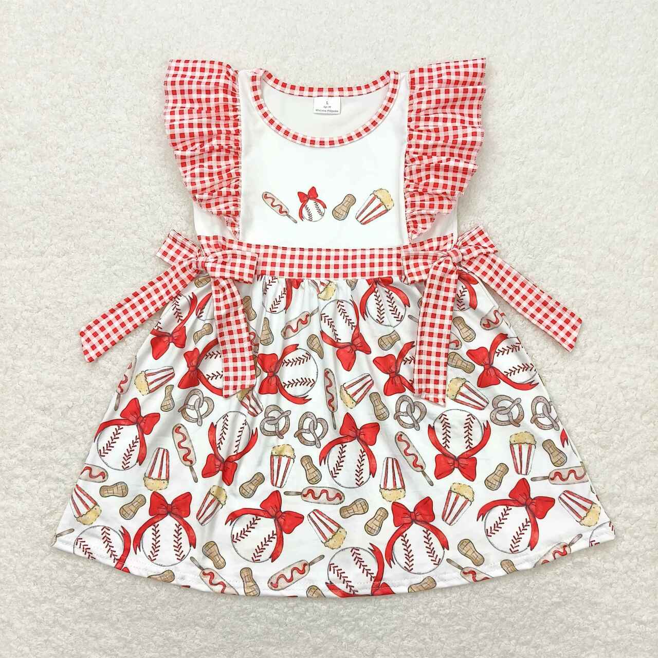 GSD0712 Bow baseball peanut popcorn red and white check bow short-sleeved dress girl dress