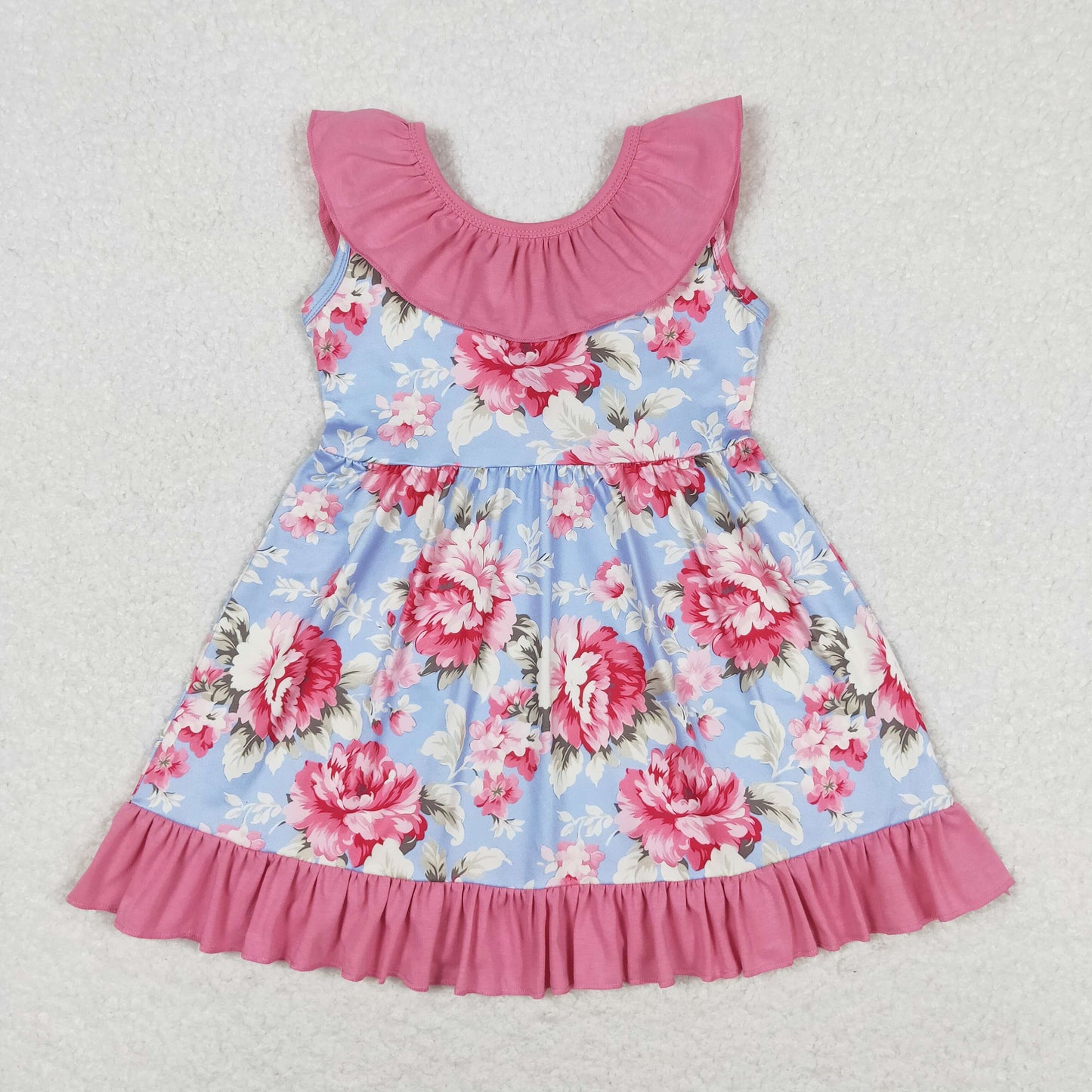 GSD0723 Blue sleeveless dress with flowers pink lace bow dress kids girl
