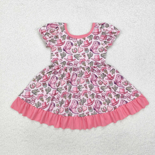 GSD0759 Flower Heart Cactus Boots Hat Rose Pink Ruffle Short Sleeve Dresses for Girls RTS 202509