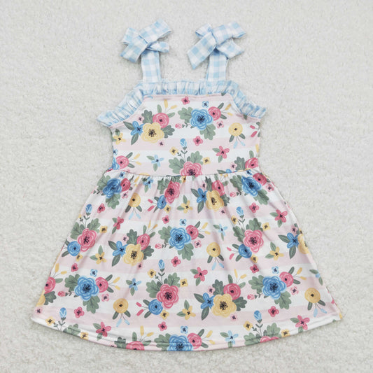 GSD0803 Floral Blue Plaid Ruffle Girls Short Sleeve Dresses RTS 202508