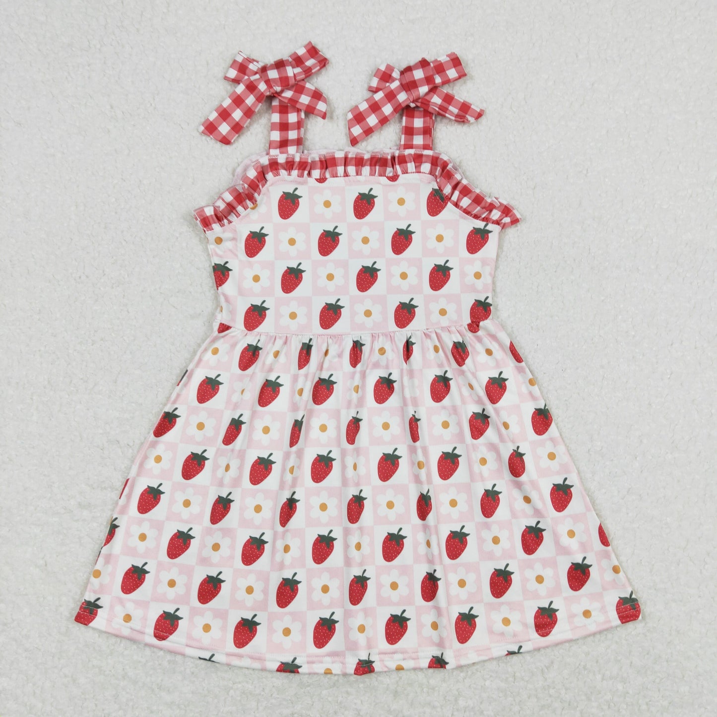 GSD0806 Red Plaid Flower Strawberry Ruffle Halter Dress Girls Boutique Clothes 20240408 RTS