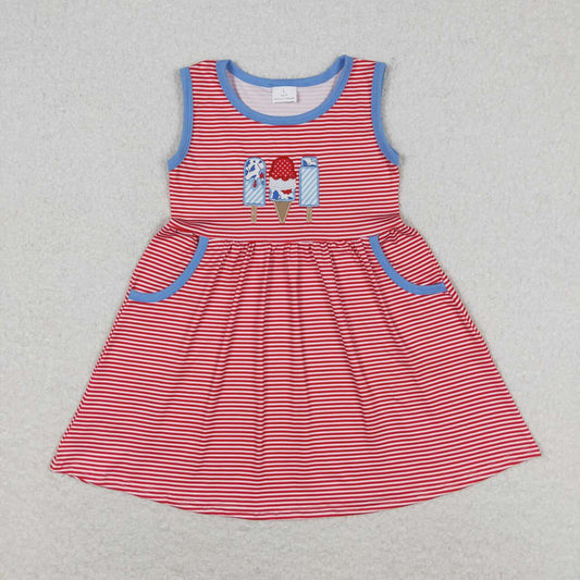 GSD0821 Embroidered ice cream Ice cream Red and white striped sleeveless dress High quality dress for kids
