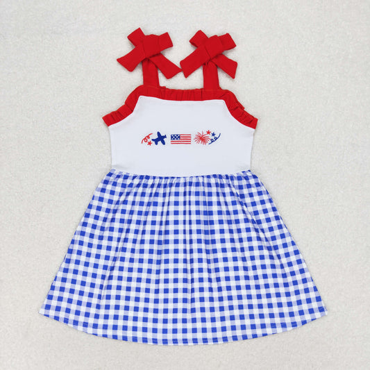 GSD0827 Embroidery aircraft flag fireworks Red lace Blue and white checked halter dress high quality girls dresses