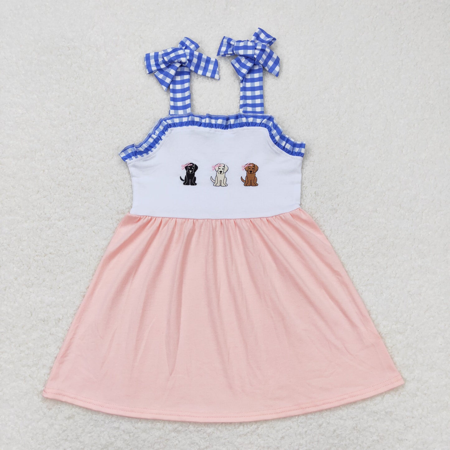 GSD0834 Embroidered Puppy Blue Plaid Ruffle Sleeveless Pink Dress Girls Boutique Clothes  202404 RTS
