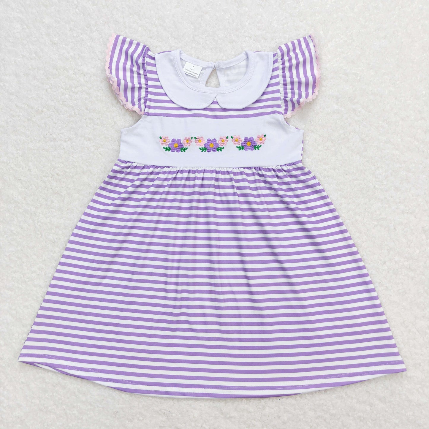 GSD0836 Floral Purple White Stripe Doll Collar Flying Sleeve Girls Dresses RTS 202508