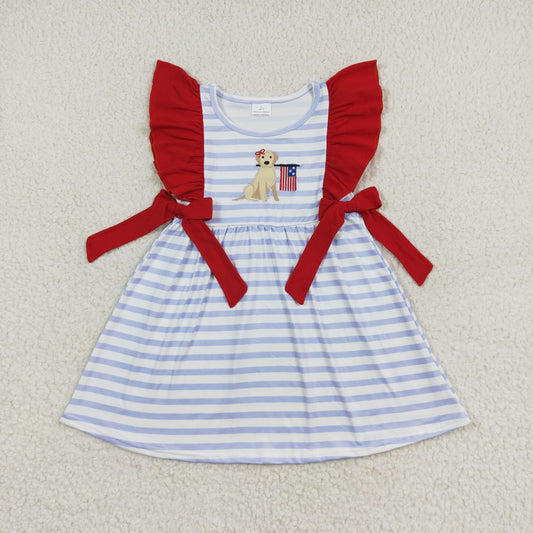GSD0845 Embroidered puppy flag striped red lace bow flying sleeve dress girls dresses 10-14 yrs