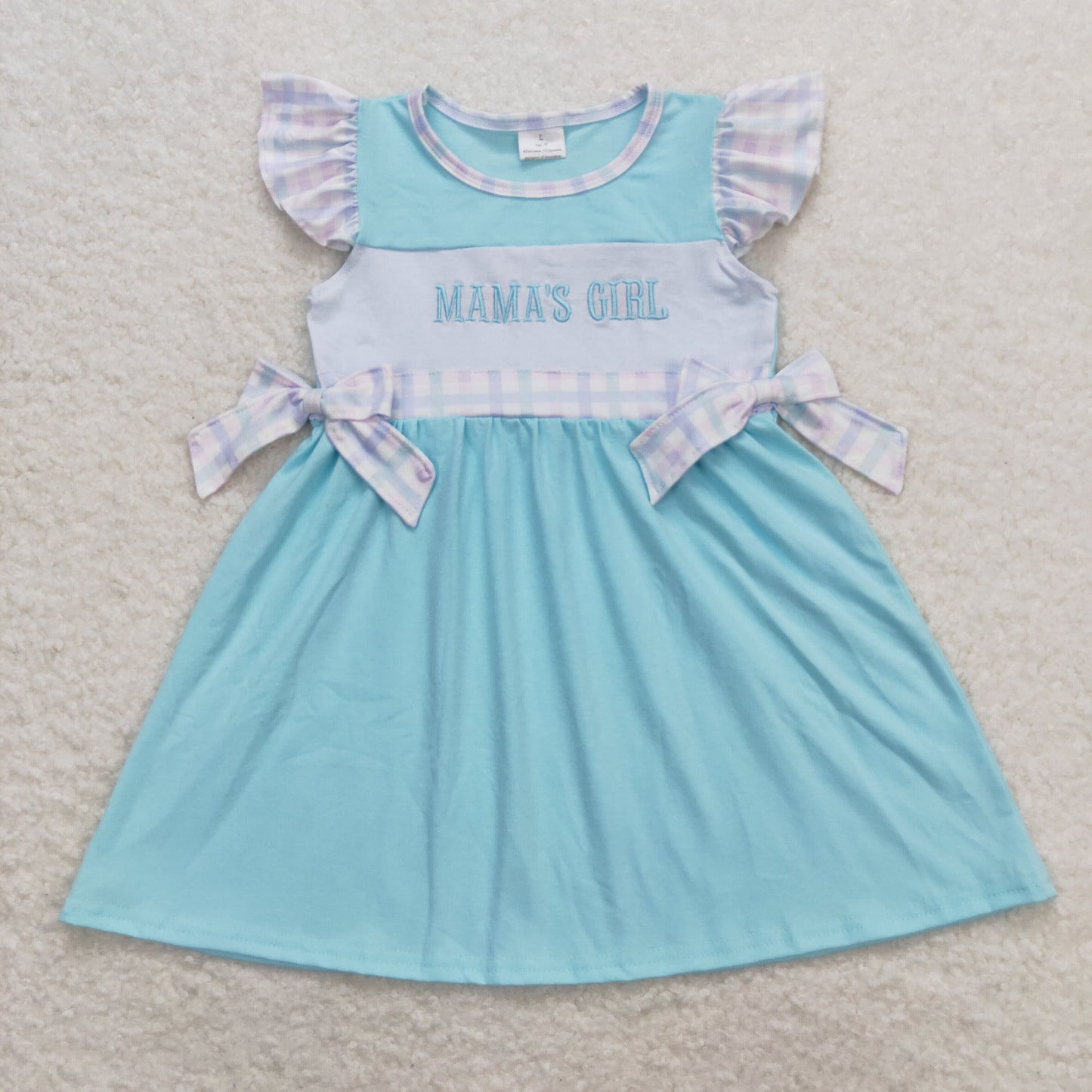 GSD0848 Embroidered Mama‘s Girl Plaid Blue Green Flying Sleeve Dress Girls Boutique clothes  202404 RTS
