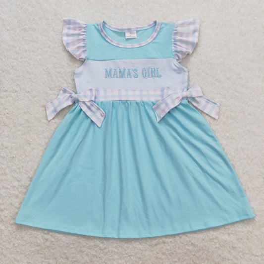 GSD0848 Embroidered Mama‘s Girl Plaid Blue Green Flying Sleeve Dress Girls Boutique clothes  202404 RTS