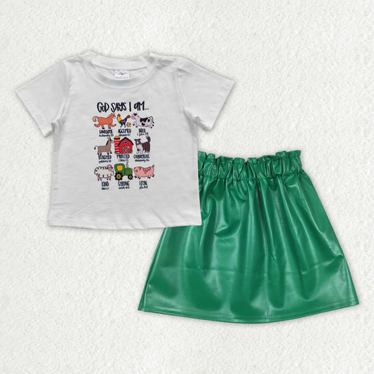 GLD0852  2pcs Green Farm  leather Skirt Dresses Girls Short Sleeve Shorts Outfits