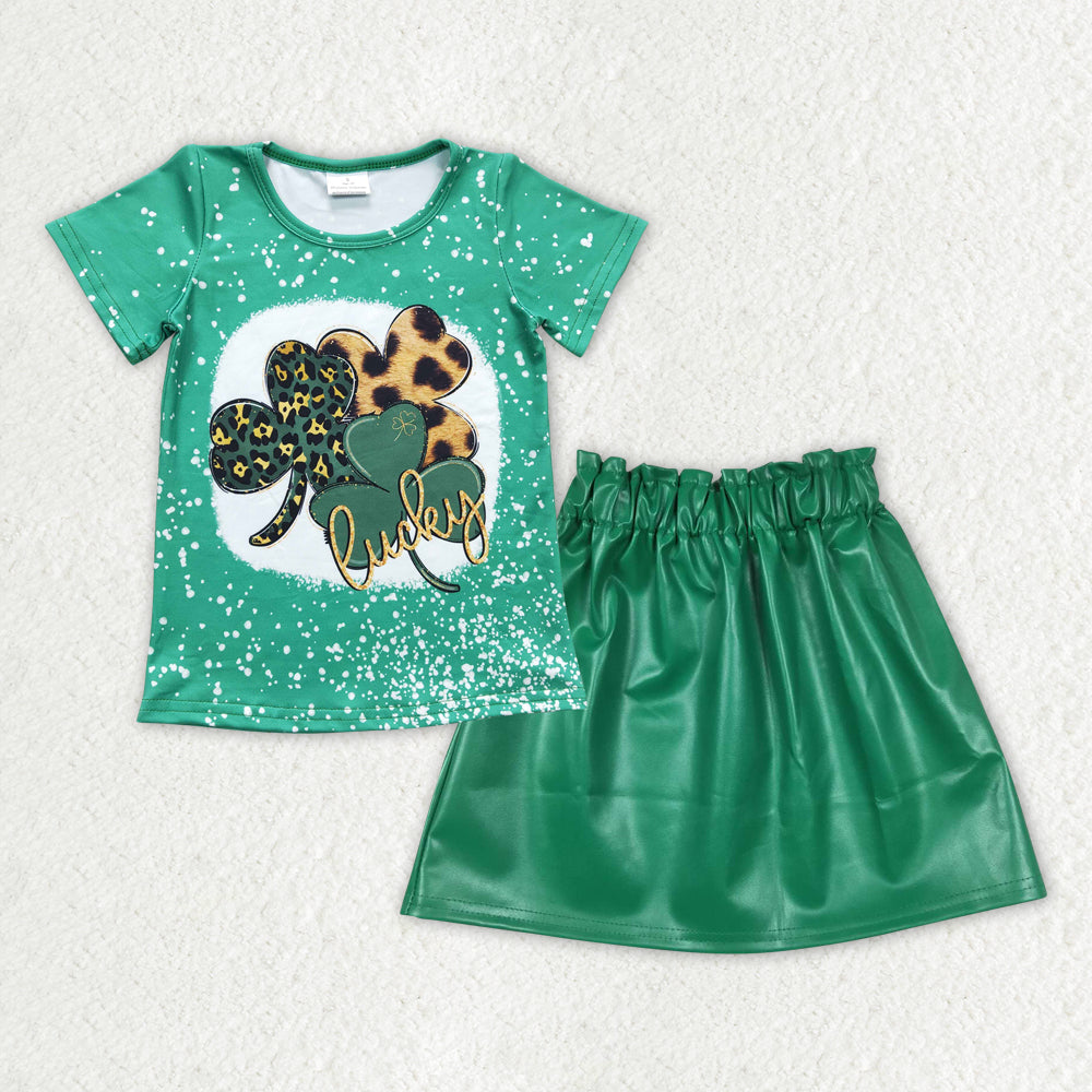 GLD0853  2pcs St. Patrick Clover Green leather Skirt Dresses Girls Short Sleeve Shorts Outfits