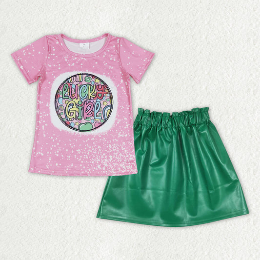 GLD0854  2pcs St. Patrick Clover Green leather Skirt Dresses Girls Short Sleeve Shorts Outfits