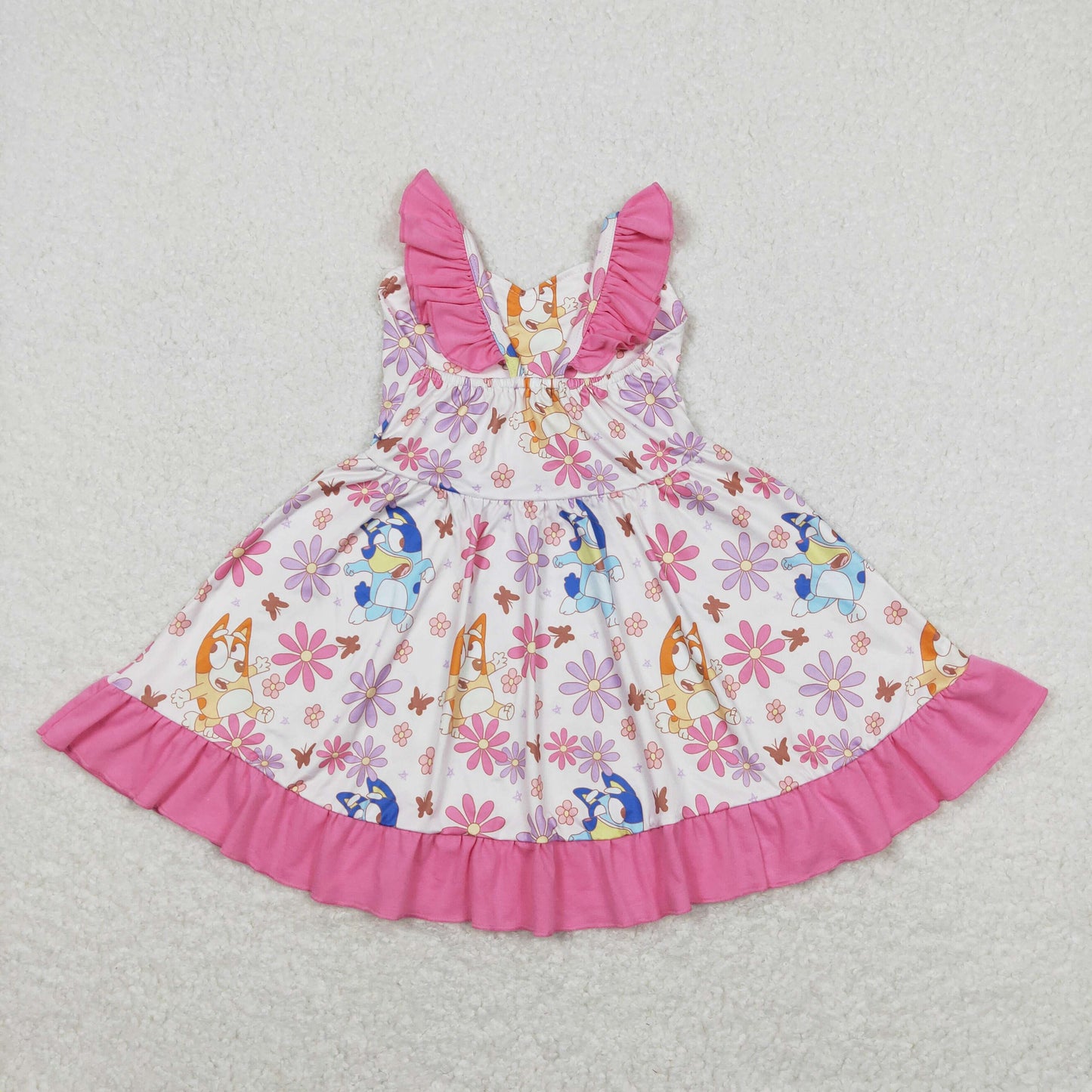 GSD0865 Cartoon Bluey Flower Pink Ruffle Halter Dresses for Girls RTS 202508
