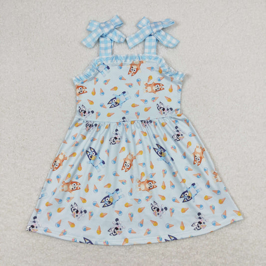 GSD0866 Cartoon Bluey Blue Plaid Ruffle Halter Dresses for Girls RTS 202508