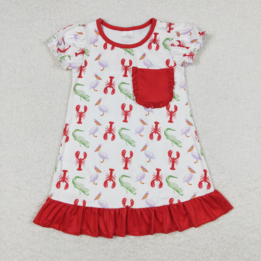 GSD0869 Crocodile Crayfish Red Pocket Ruffle Short Sleeve Dresses for Girls RTS 202508