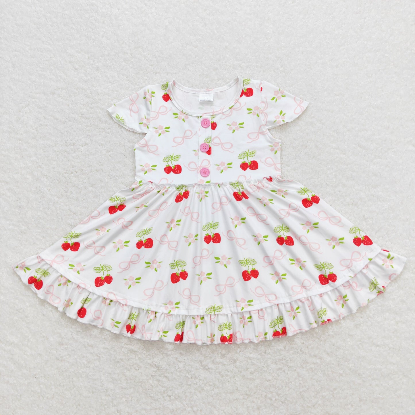 GSD0888 Strawberry Bows White Ruffle Short Sleeve Dresses for Girls RTS 202508