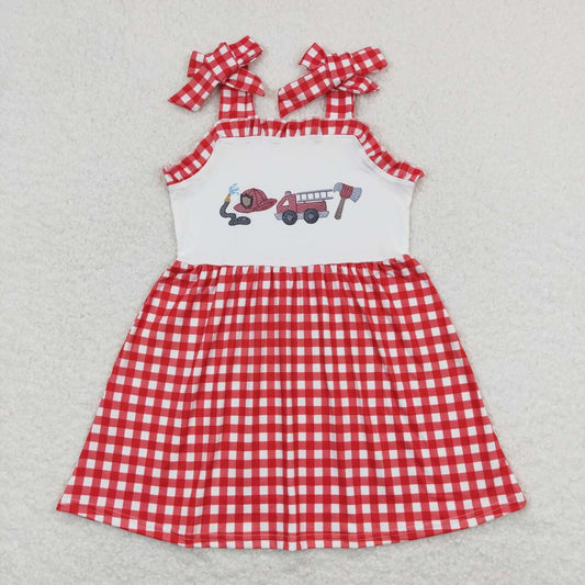 GSD0906  Fire Truck Red White Plaid Ruffle Halter Dress Girls Boutique Clothes 20240402 RTS