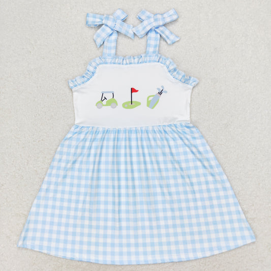 GSD0907 Golf tour car blue plaid lace halter dress baby girls dress designs