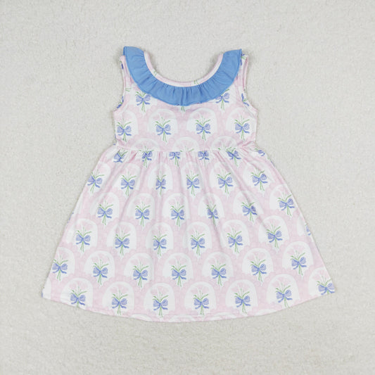 GSD0909 Pink flowers Blue lace bow sleeveless dress High quality kids party dress