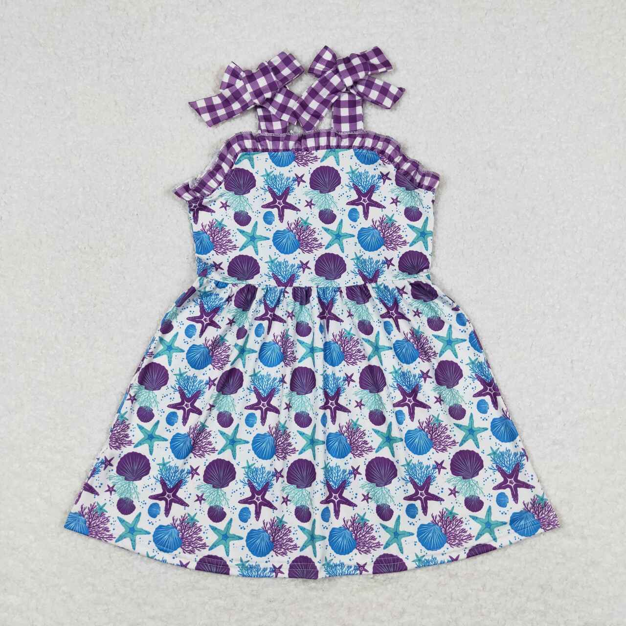 GSD0913  Seaweed Starfish Purple Plaid Halter Girls Dresses 202504 RTS