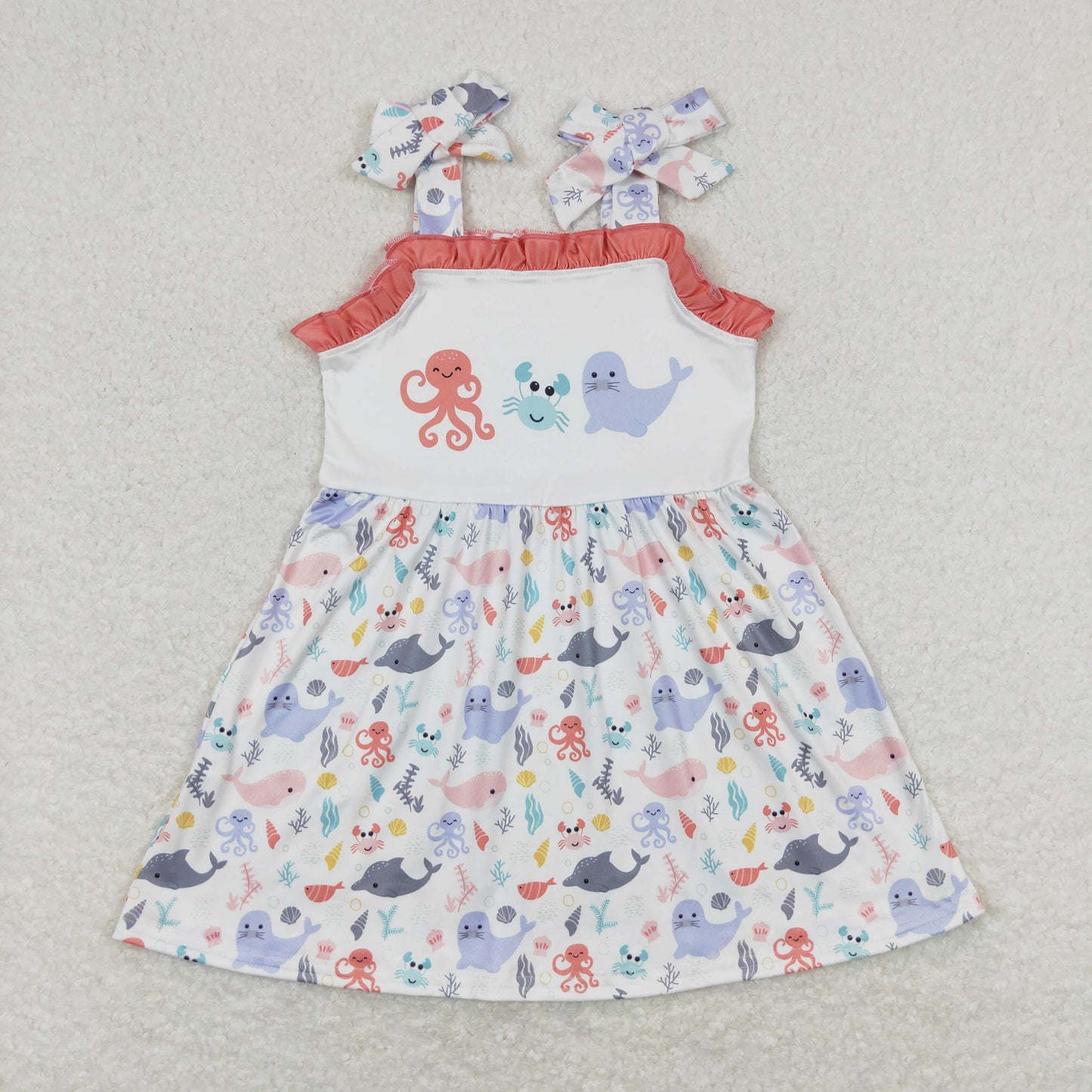 GSD0915  Octopus Crab Seal Brick Red Lace White Sleeveless Dress High Quality Baby Girl Clothes 20240402 RTS