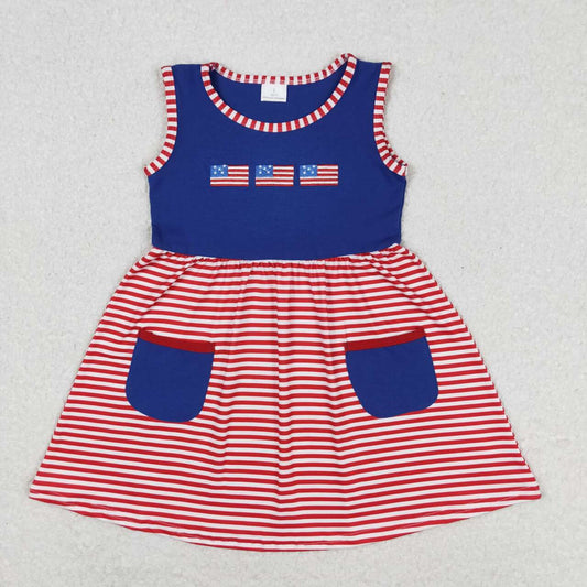 GSD0930 Embroidered flag Red and White stripes navy blue pocket sleeveless dress high quality summer dress for girls kids