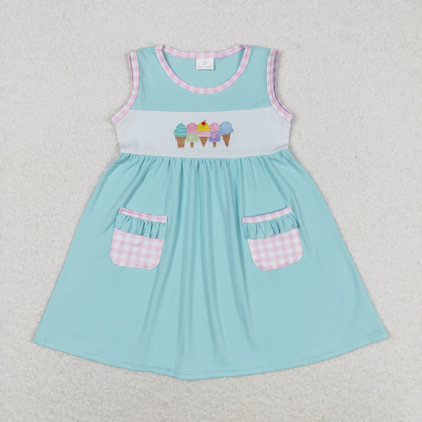 GSD0956 Embroidered ice cream ice cream plaid pocket teal green sleeveless dress high quality wholesale kids dresses