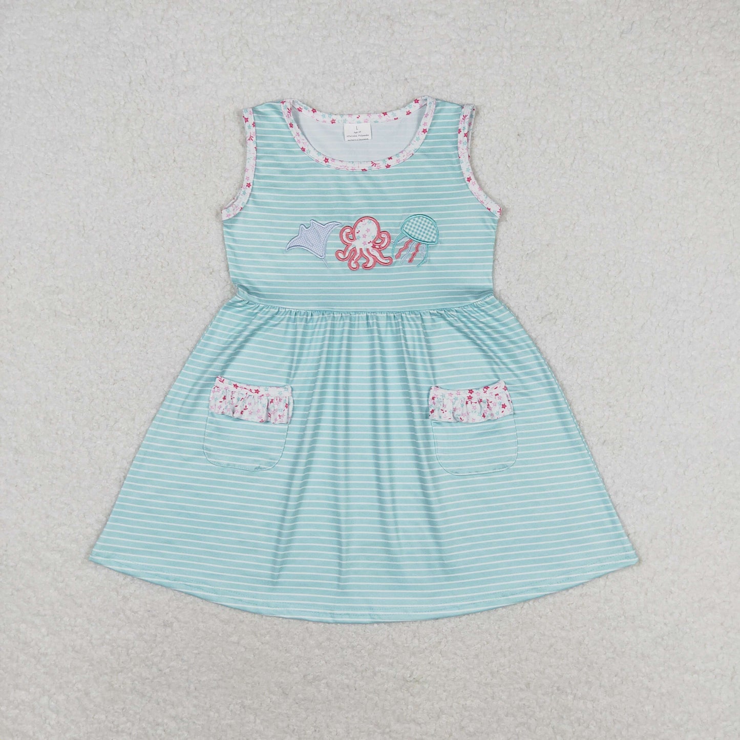 GSD0963 Embroidered octopus jellyfish striped turquoise sleeveless dress wholesale high quality princess dress for girl