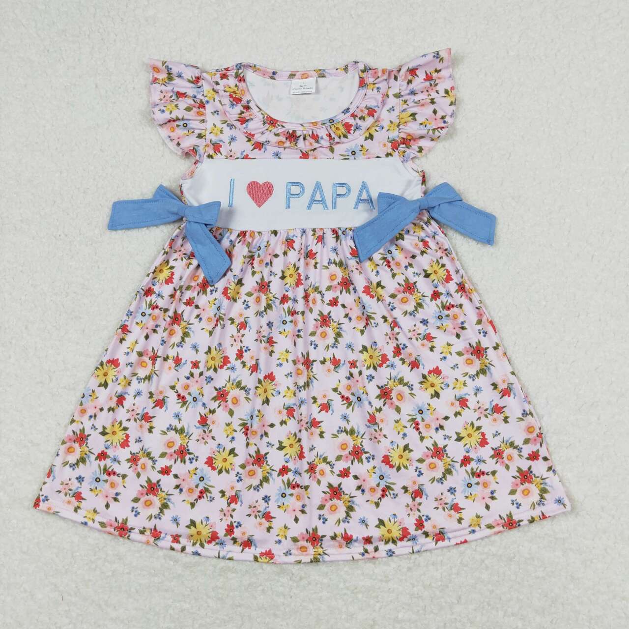 GSD0968 Embroidered I Love Papa Flower Blue Bows Pink Flying Sleeve Dresses for Girls RTS 202508