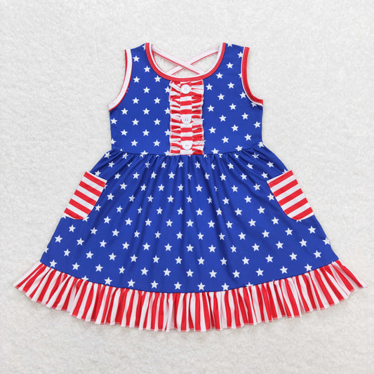GSD0976 4th of July Star Red Stripe Pocket Ruffle Sleeveless Dresses for Girls RTS 202509