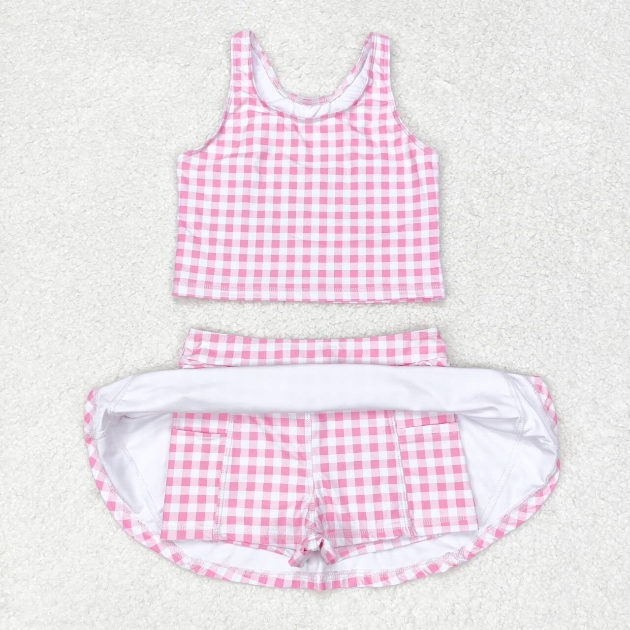 GSD0992 NO MOQ Pink and white checkered sleeveless pantdress swimsuit