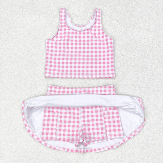 GSD0992 NO MOQ Pink and white checkered sleeveless pantdress swimsuit