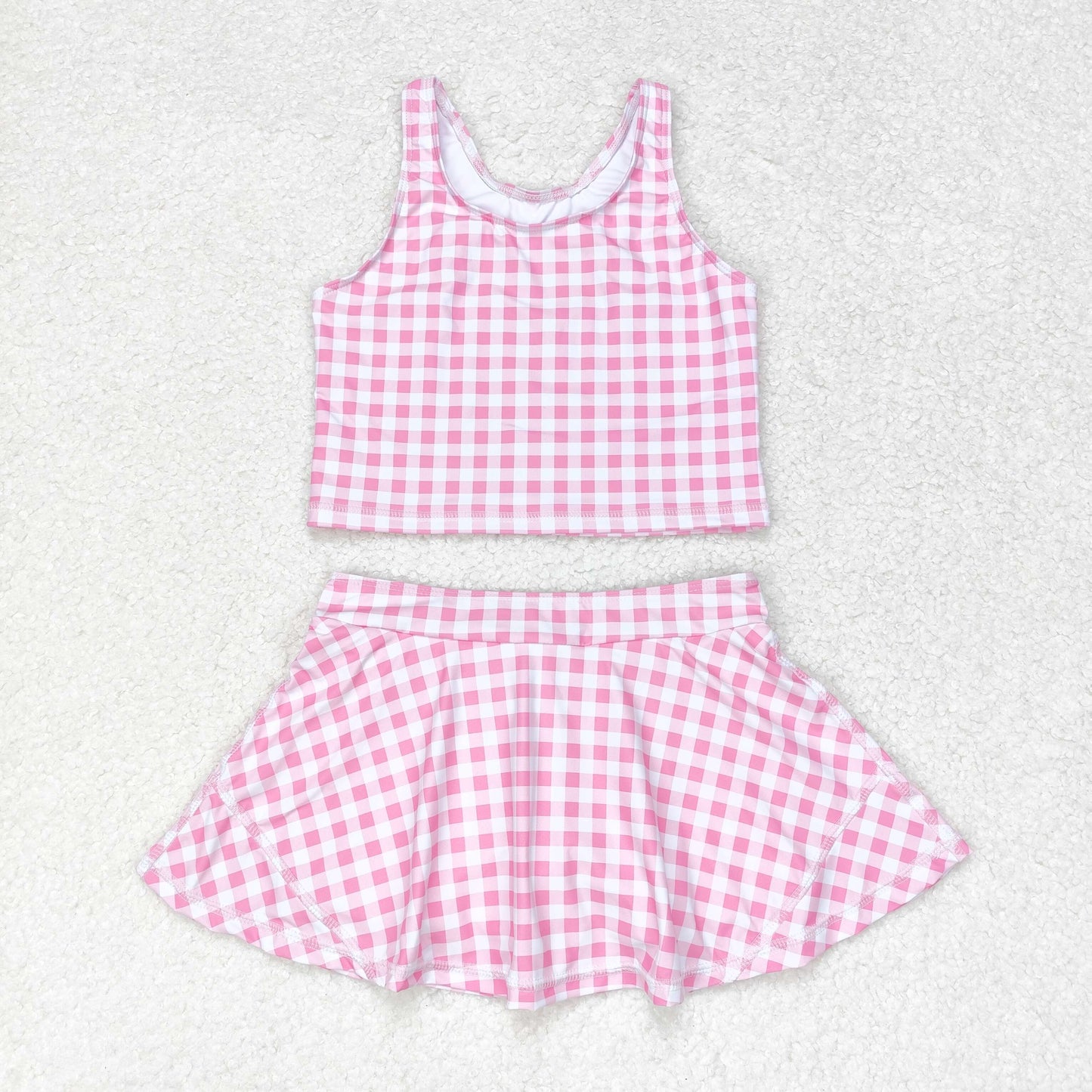 GSD0992 NO MOQ Pink and white checkered sleeveless pantdress swimsuit