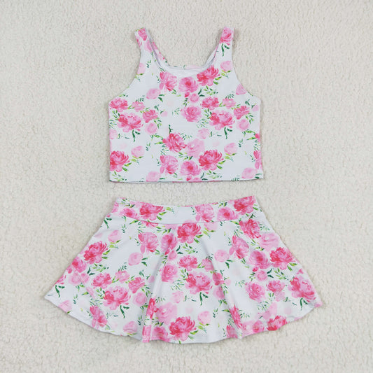 GSD0994 Pink flowers sleeveless pantydress set high quality wholesale waterproof baby girl swimwear for sale