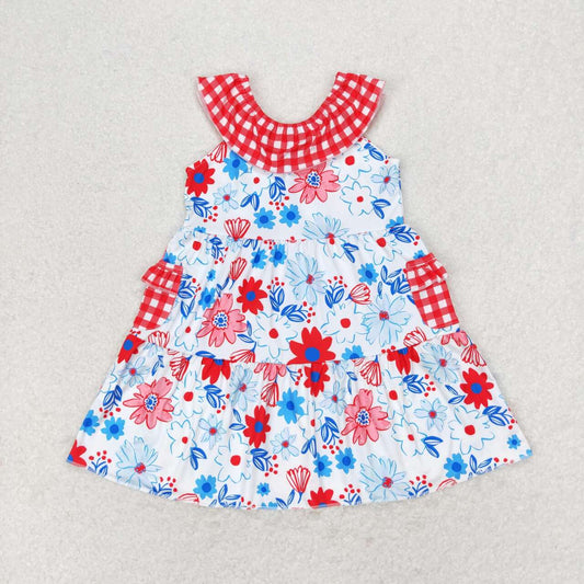 GSD1013 Blue and red floral plaid pocket lace sleeveless dress dress for kids girls 2 to 14 years old