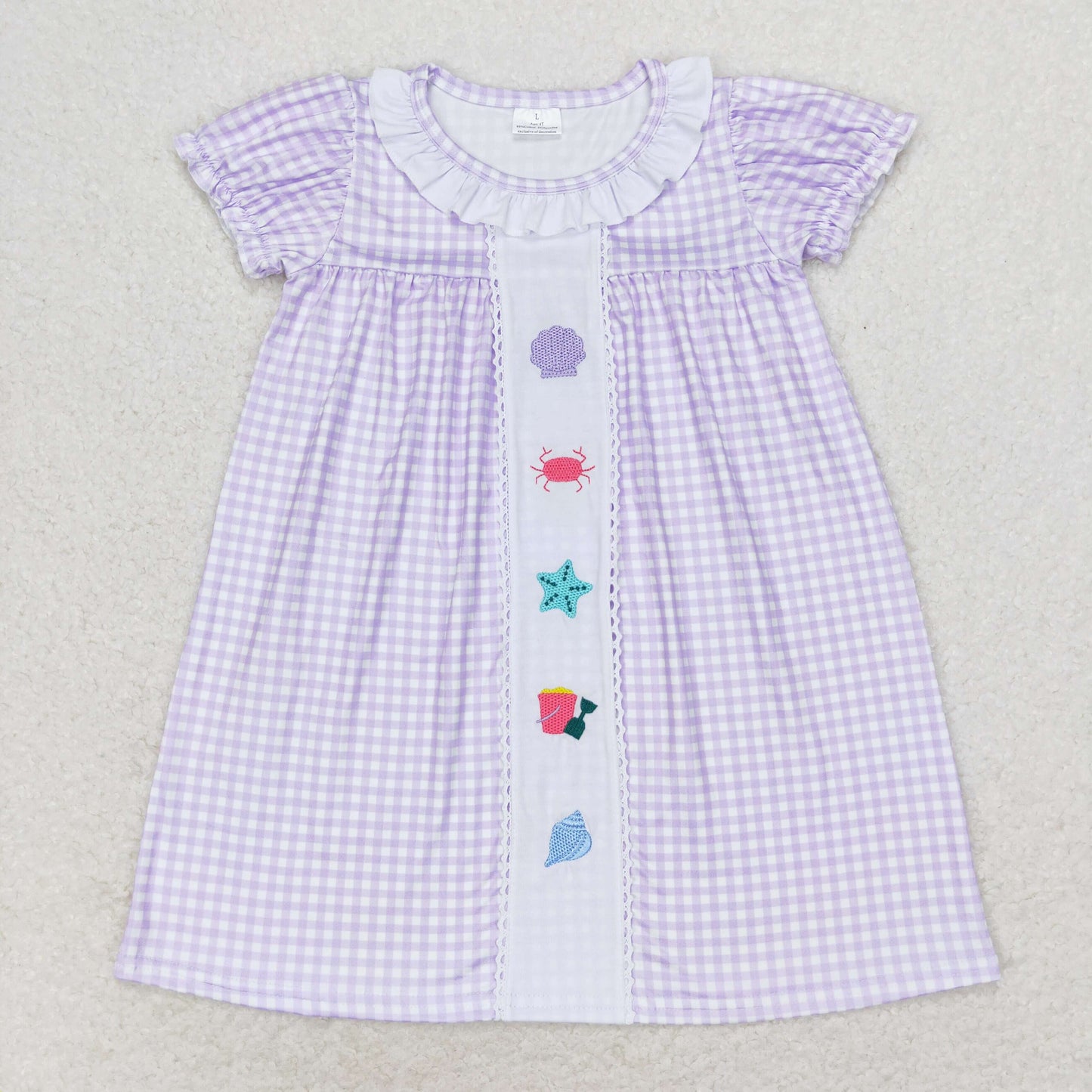 GSD1021 Embroidered shell Crab starfish check lace short-sleeved dress baby girls dresses
