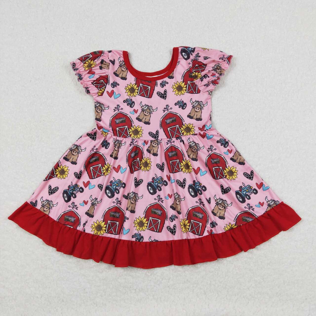 GSD1025 Flower Cow Red Ruffle Short Sleeve Girls Dresses RTS 202508