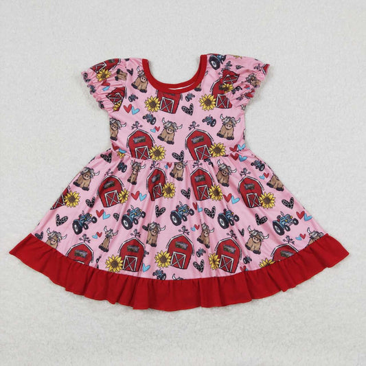 GSD1025 Flower Cow Red Ruffle Short Sleeve Girls Dresses RTS 202508