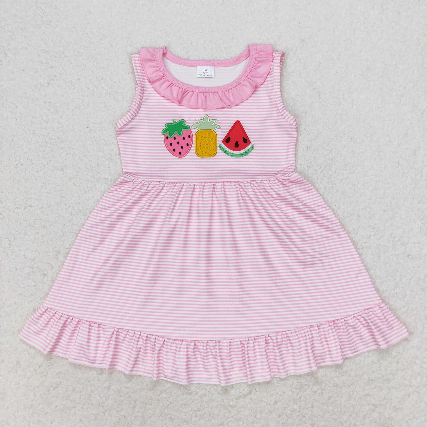 GSD1055 Embroidered strawberry pineapple watermelon striped pink lace sleeveless dress girls princess dress