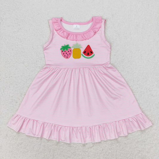 GSD1055 Embroidered strawberry pineapple watermelon striped pink lace sleeveless dress girls princess dress