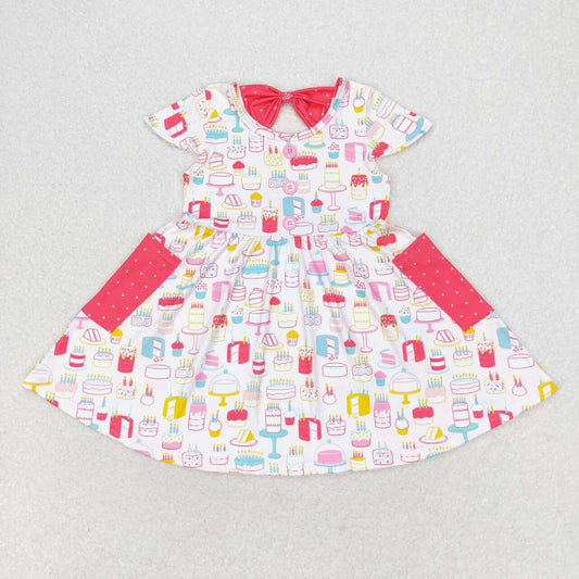GSD1082 Birthday cake short sleeve dress with polka dot pocket party wear dresses for kids