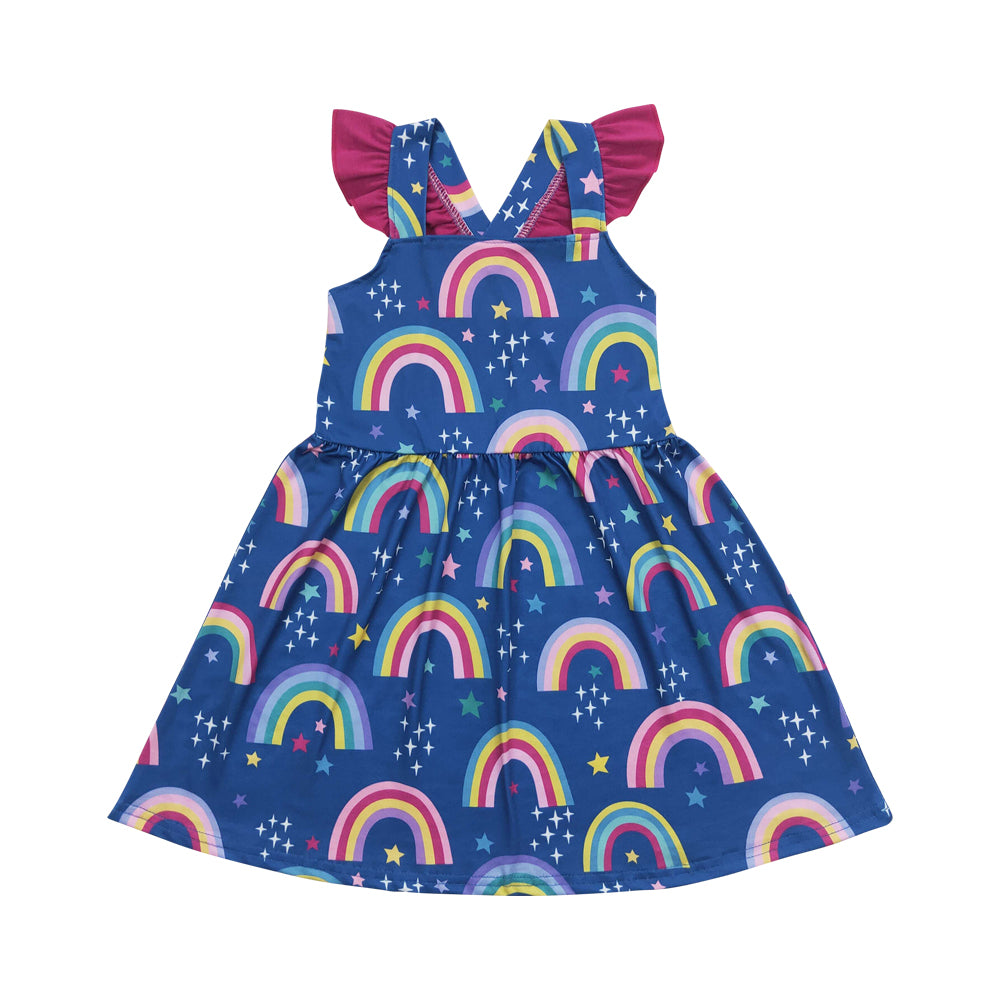 GSD1085 Navy Blue Rainbow Flying sleeveless Girls boutique summer Dresses 202502 RTS
